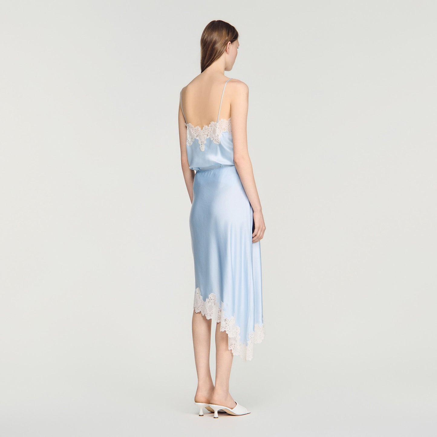 Asymmetrical satin skirt with lace
