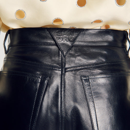 Leather barrel-leg trousers