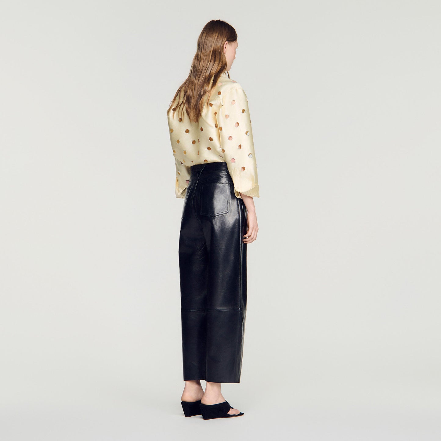 Leather barrel-leg trousers