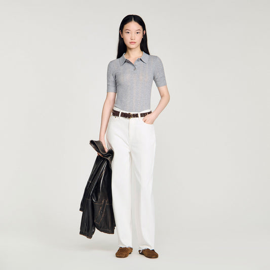 Pointelle polo-neck wool jumper