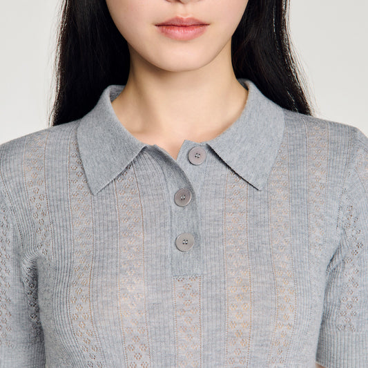 Pointelle polo-neck wool jumper
