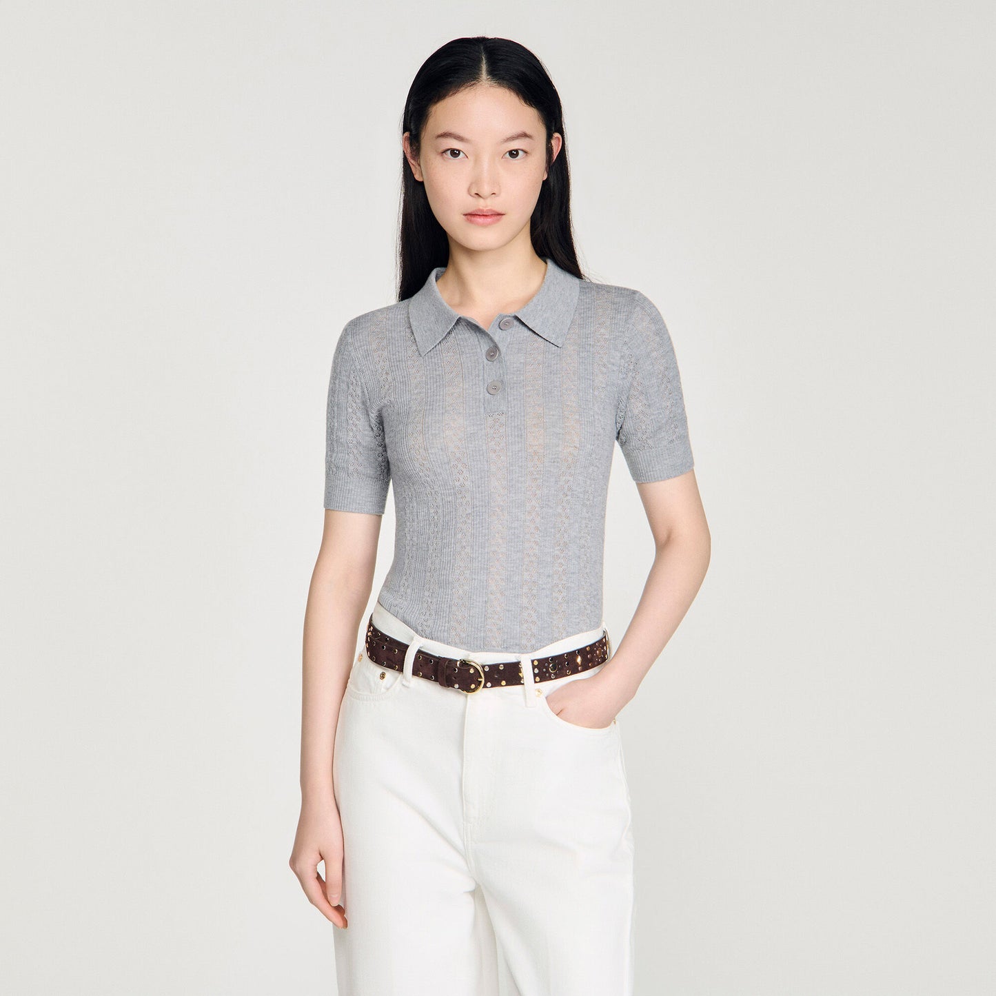 Pointelle polo-neck wool jumper