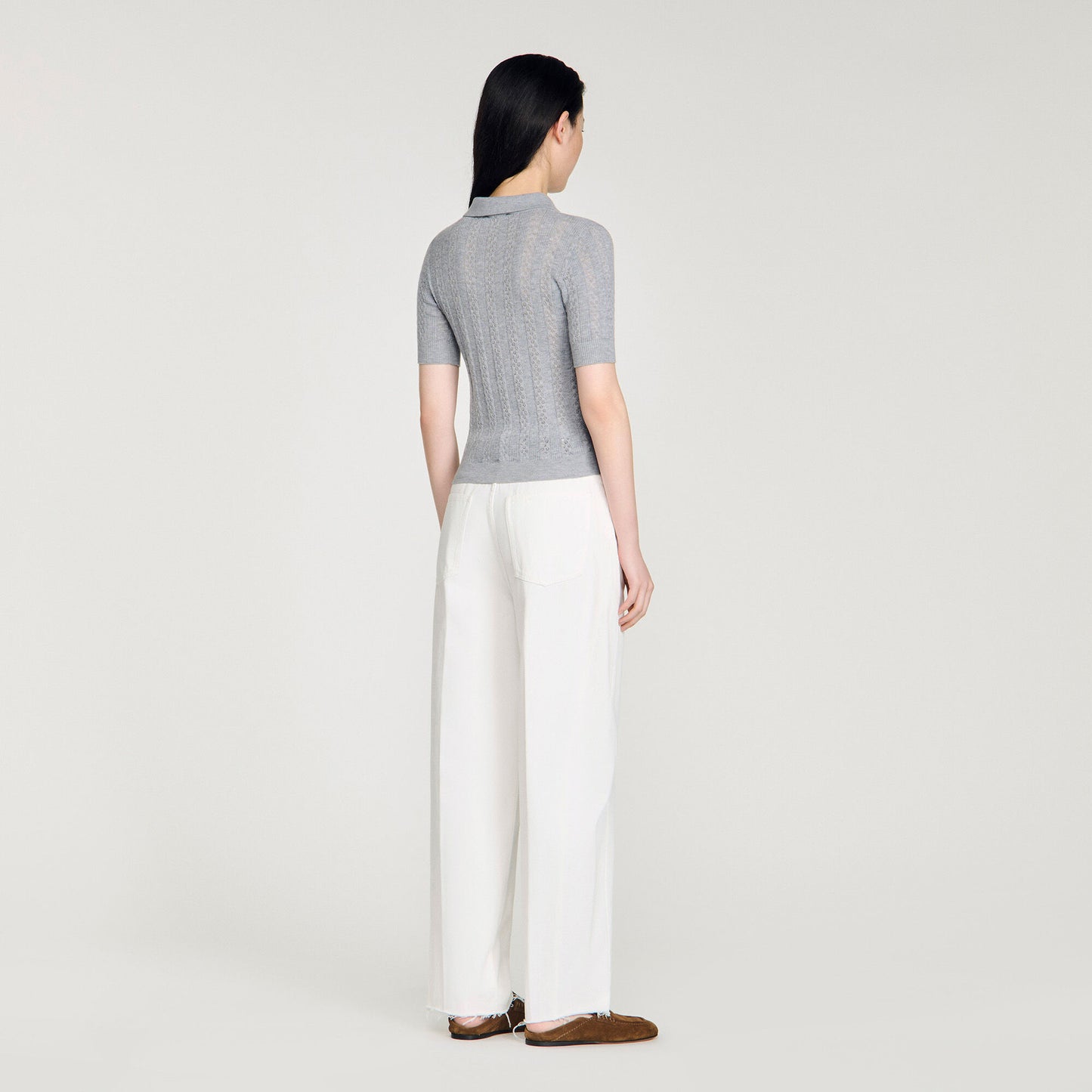Pointelle polo-neck wool jumper