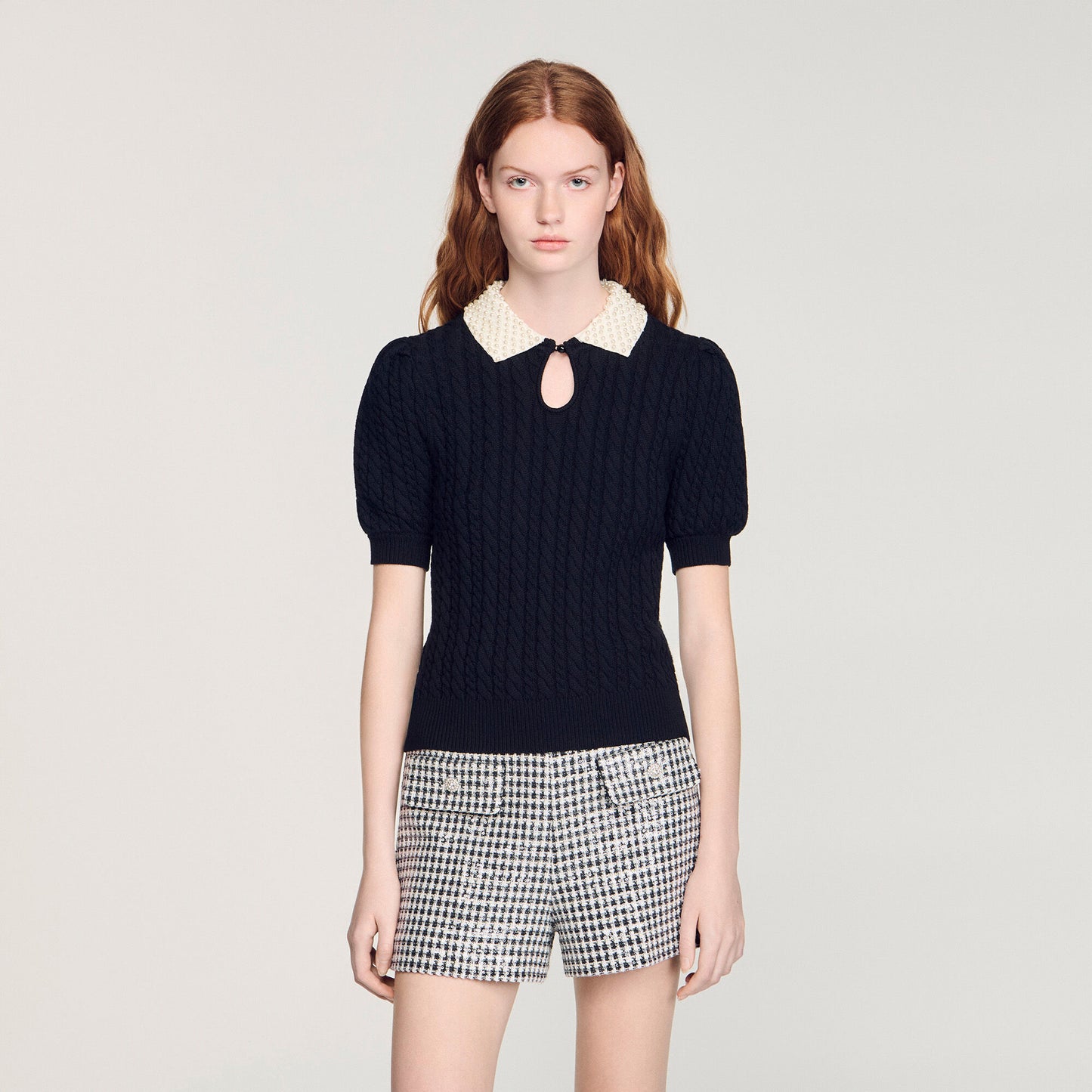 Pearl collar cable knit jumper