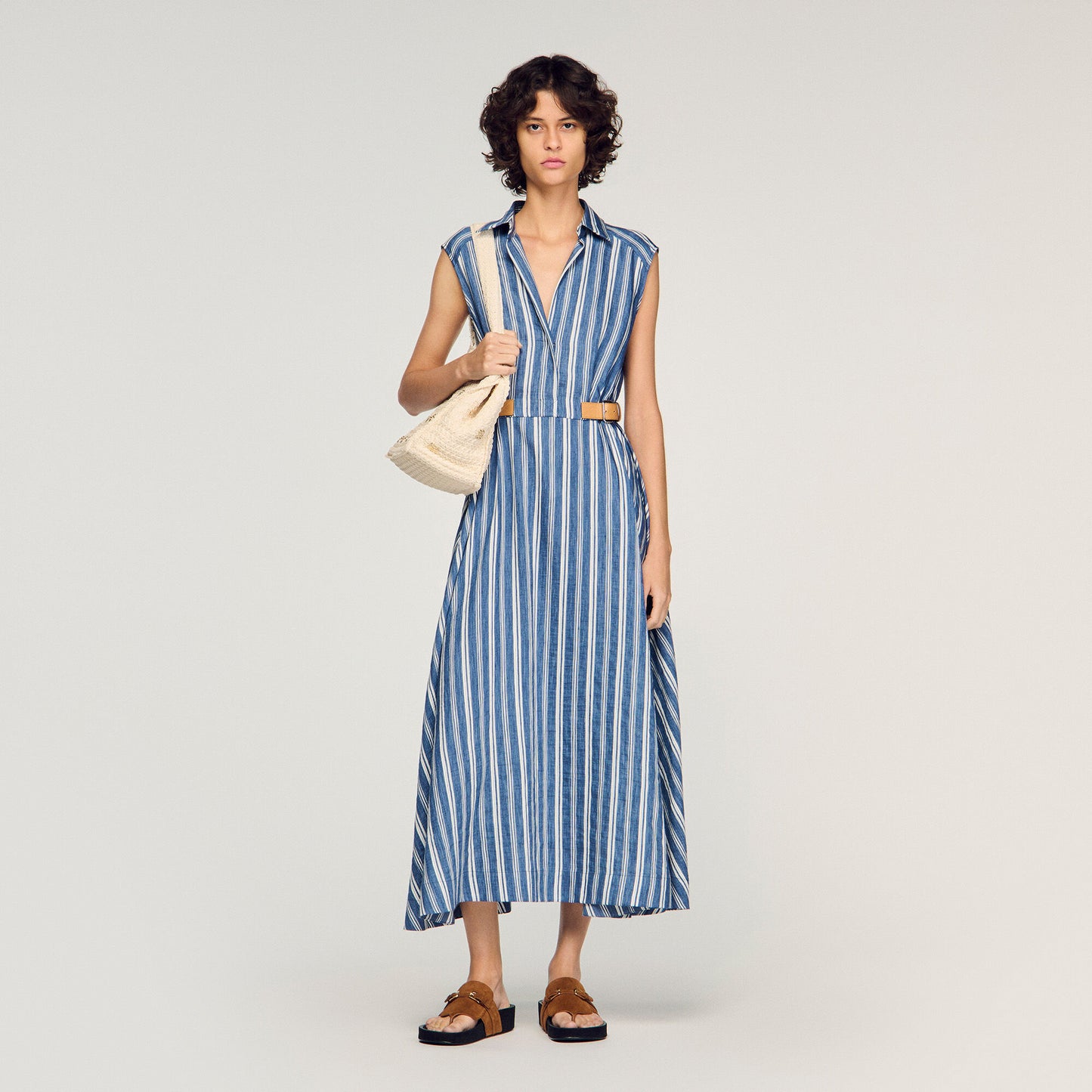 Striped maxi dress with leather tab