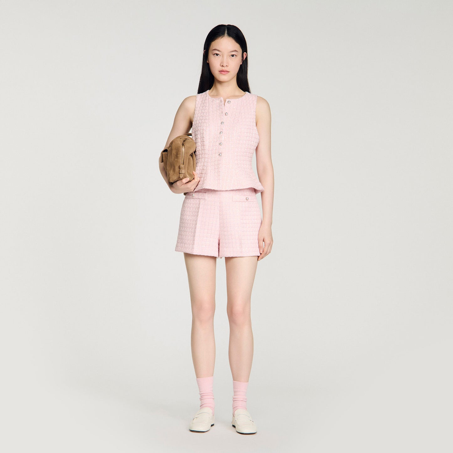 Sequin check tweed shorts
