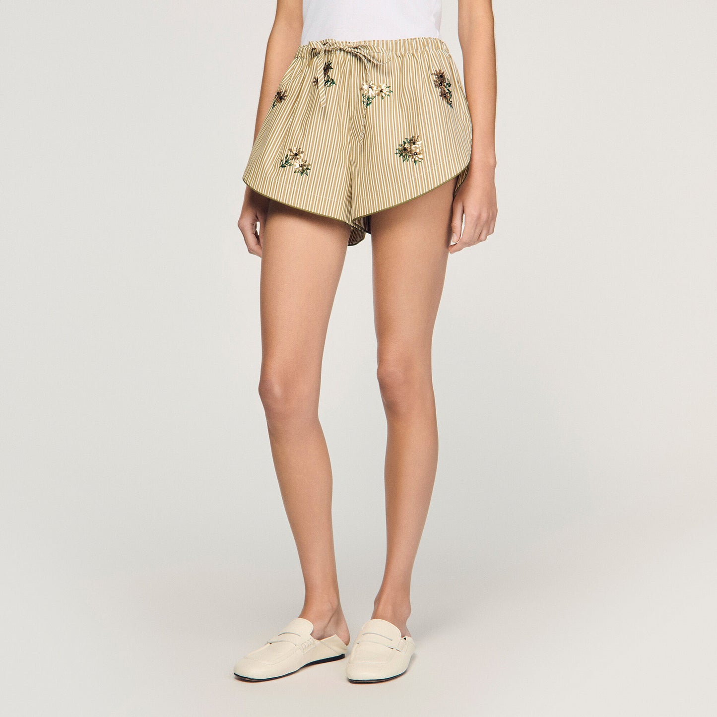 Floral embroidered striped shorts