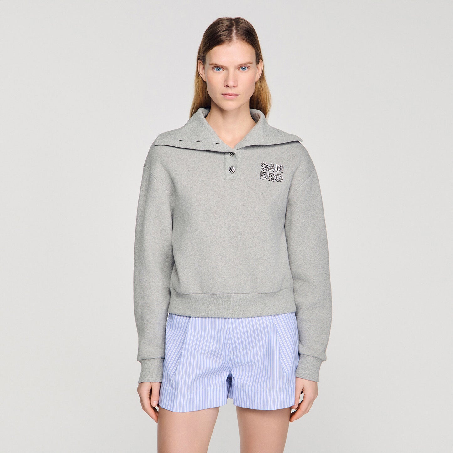 Embroidered split neck sweatshirt