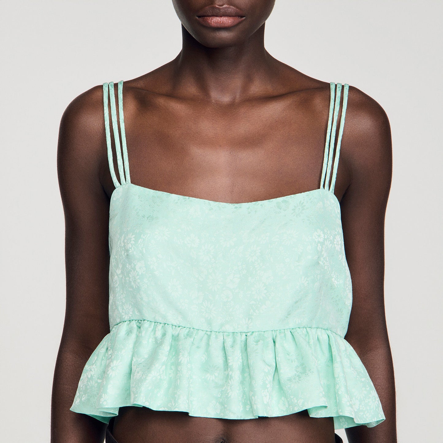 Floral jacquard ruffled crop top