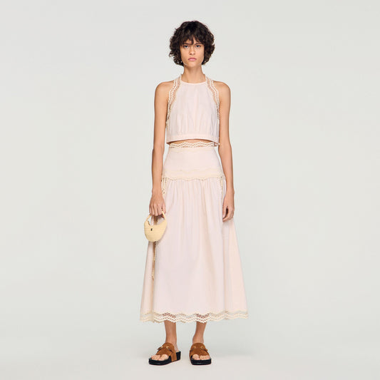 Cotton crop top with lace trim
