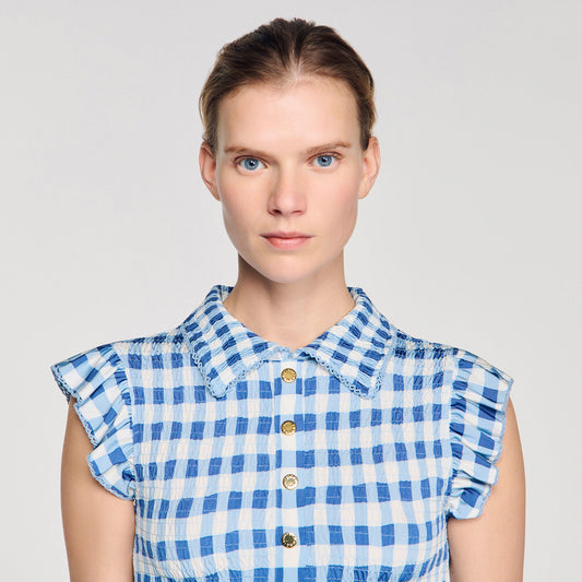 Check smocked T-shirt