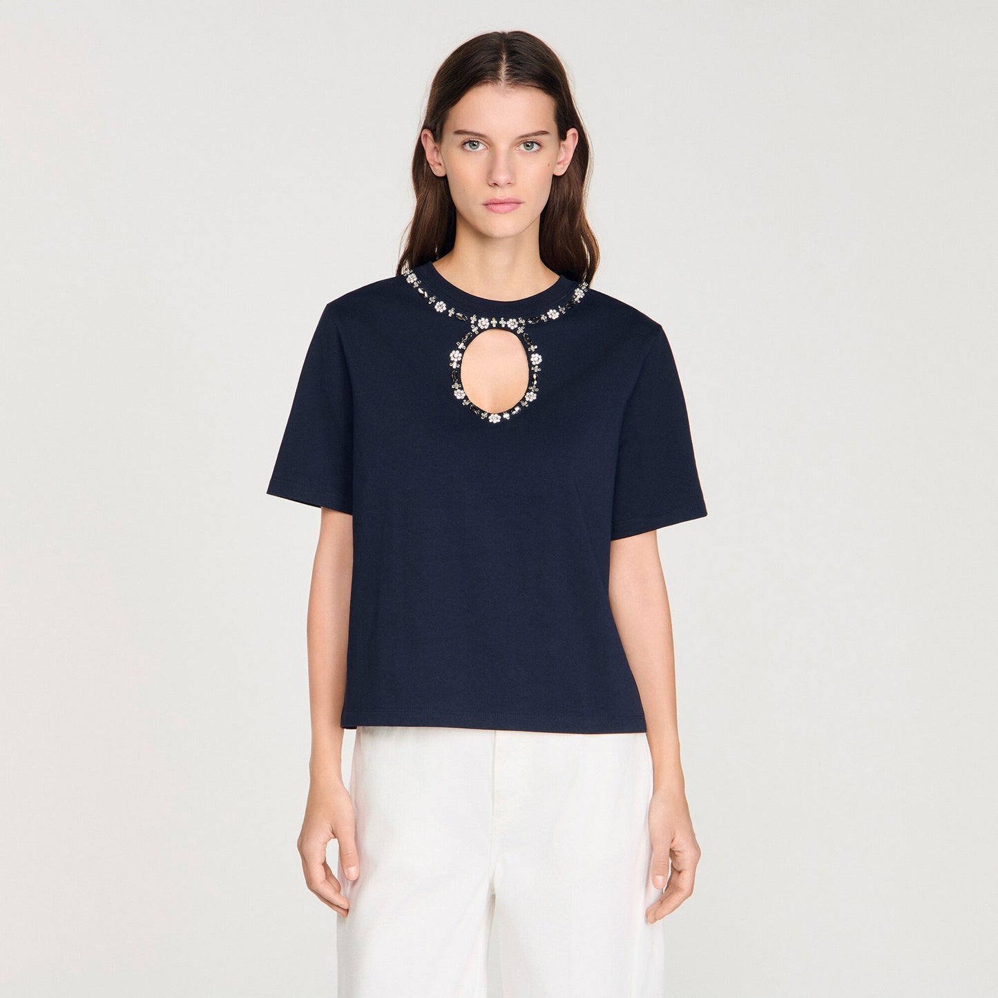 Rhinestone openwork T-shirt