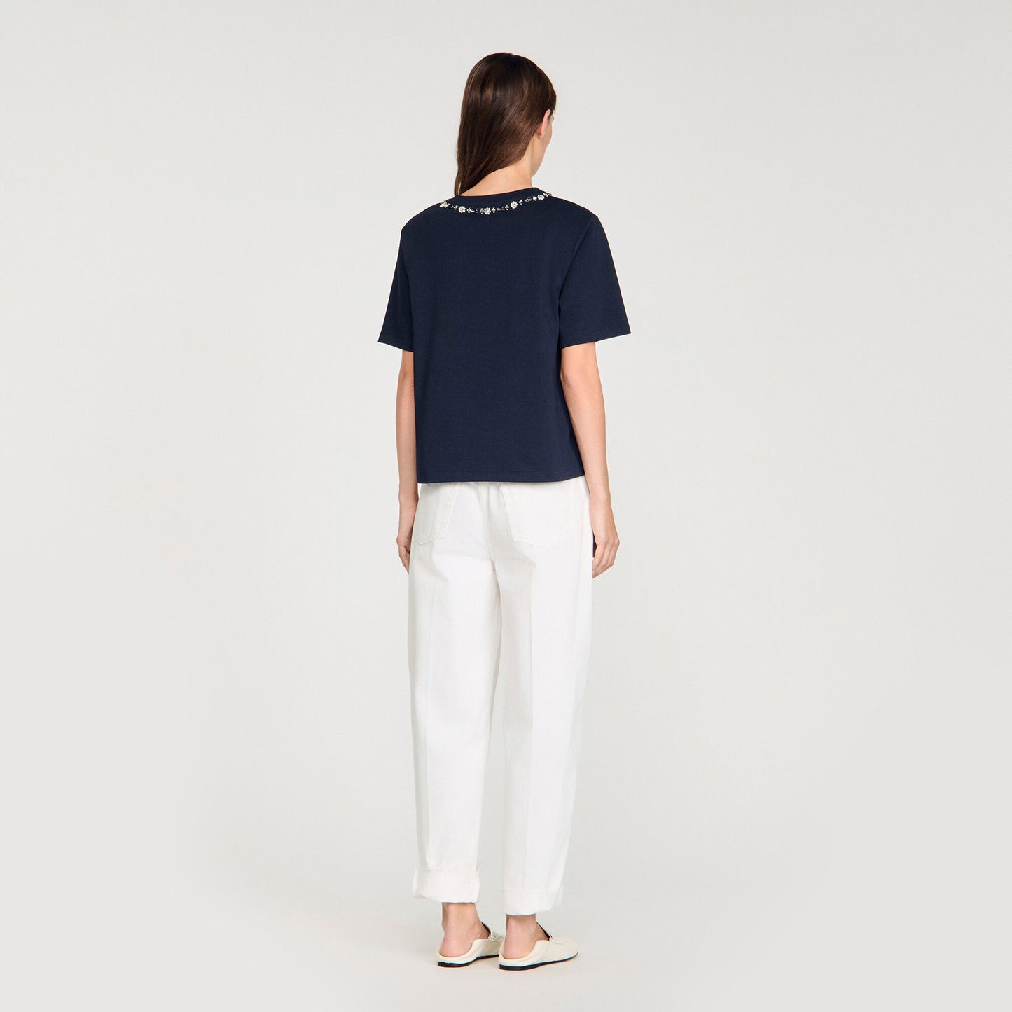 Rhinestone openwork T-shirt