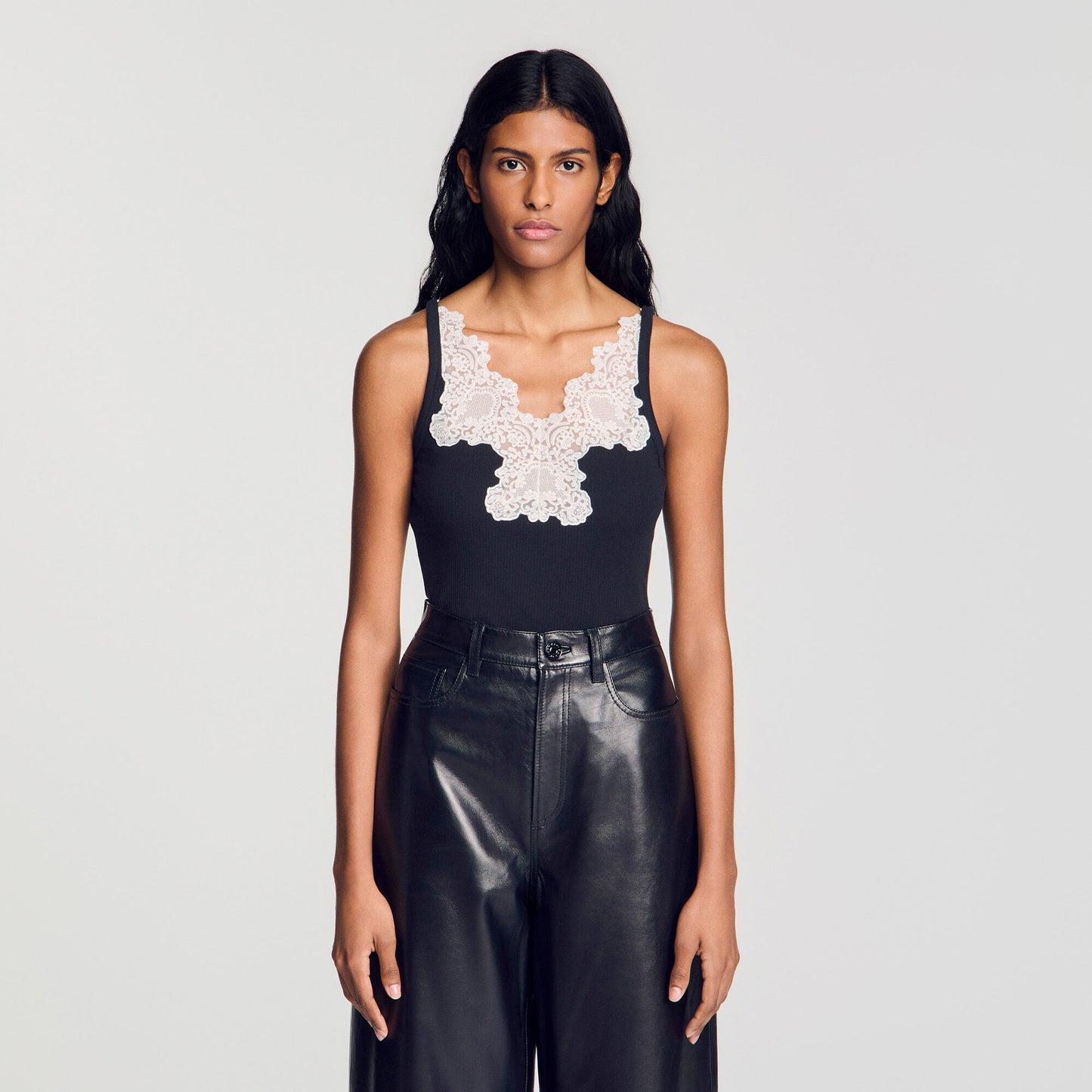 Ribbed vest top with lace
