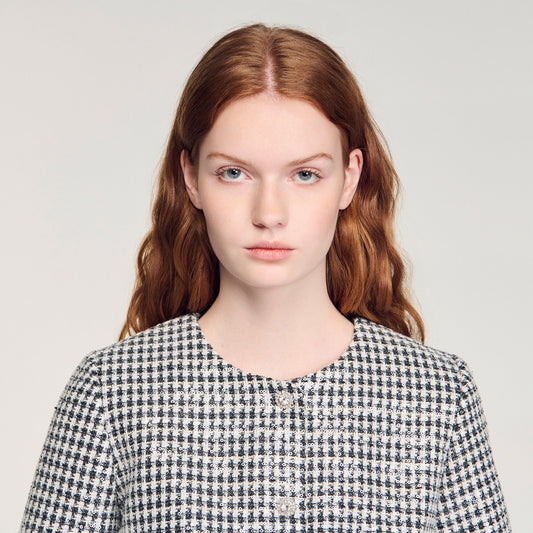 Cropped houndstooth tweed jacket
