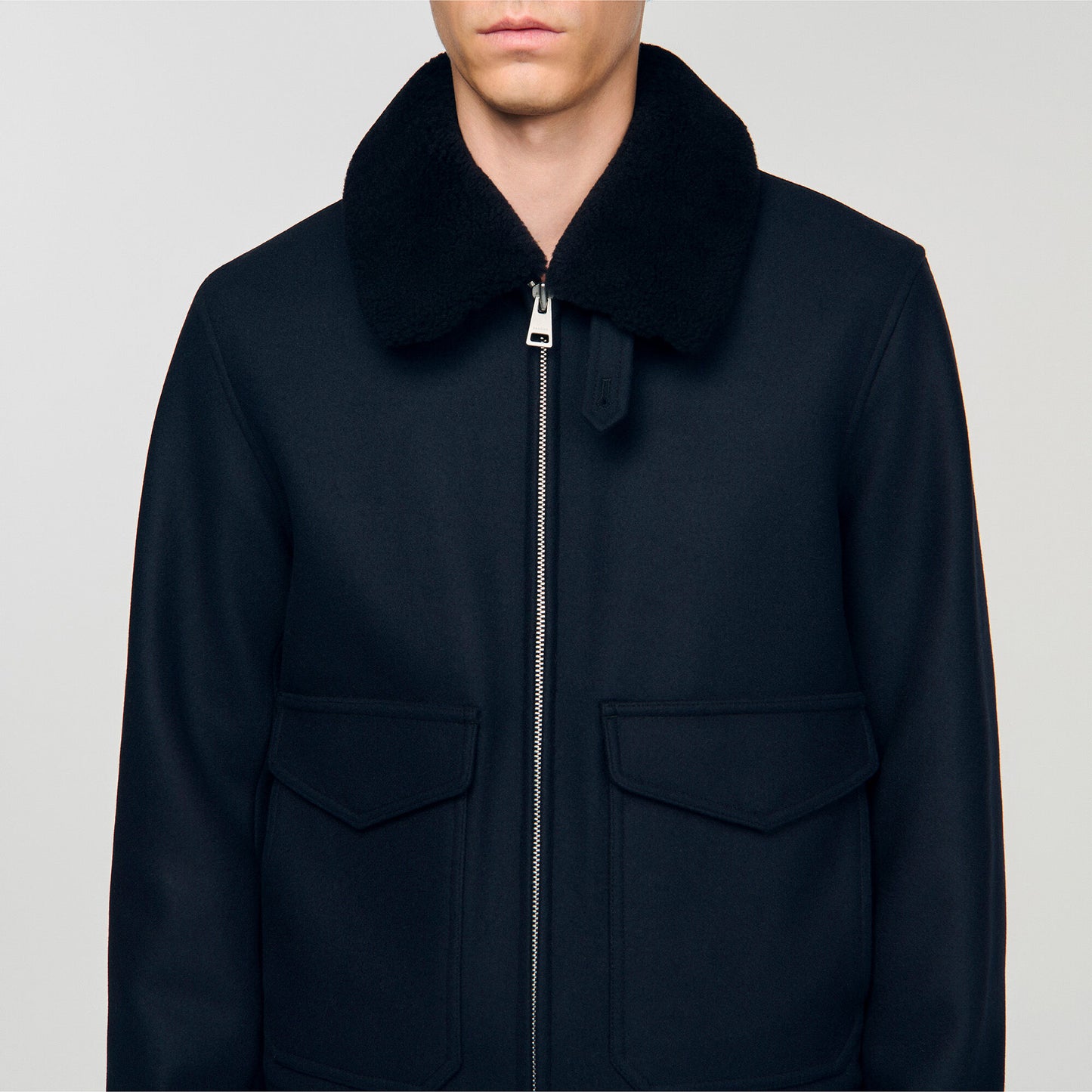 Wool aviator jacket with shearling