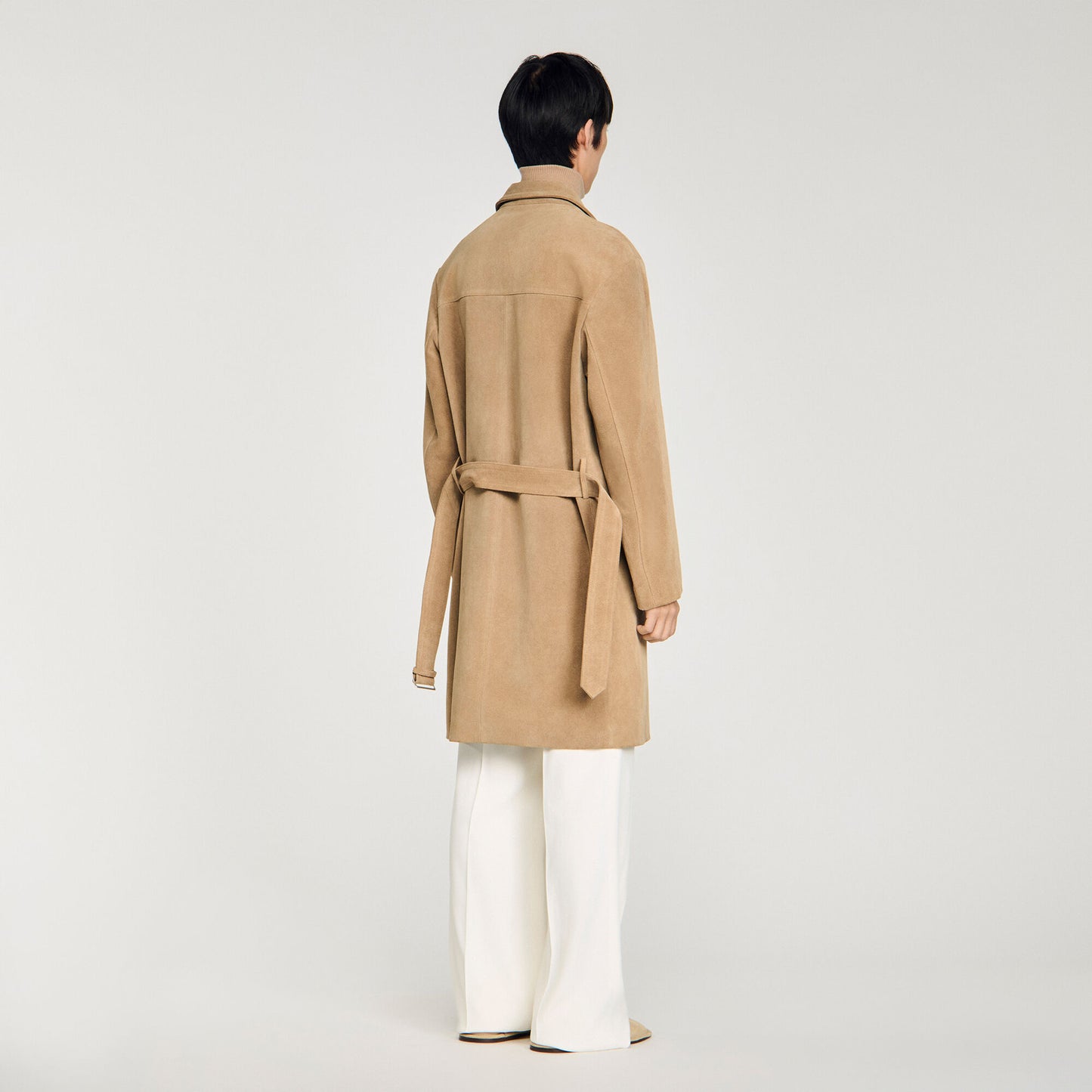 Long belted leather coat