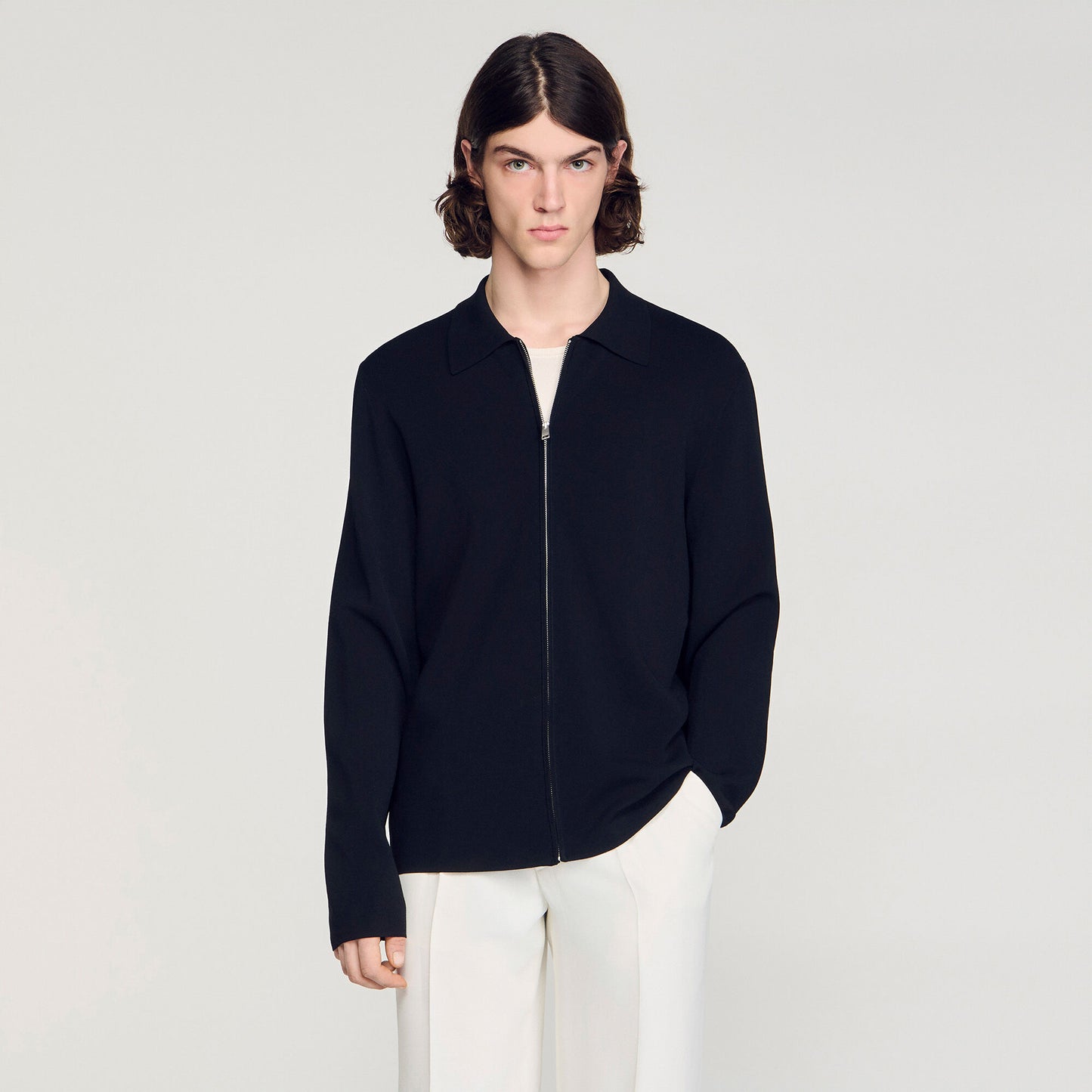 Zipped viscose knit cardigan