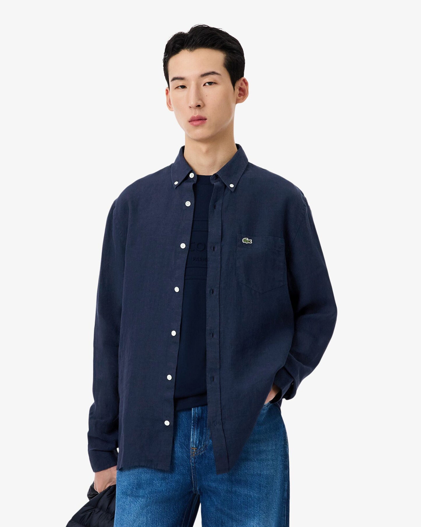 Regular Fit Long Sleeve Mens Linen Shirt - Navy Blue 166