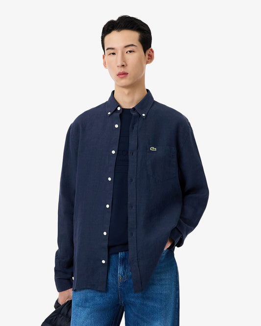 Regular Fit Long Sleeve Mens Linen Shirt - Navy Blue 166