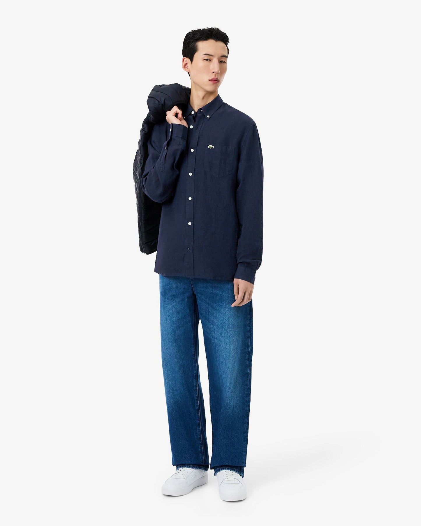 Regular Fit Long Sleeve Mens Linen Shirt - Navy Blue 166