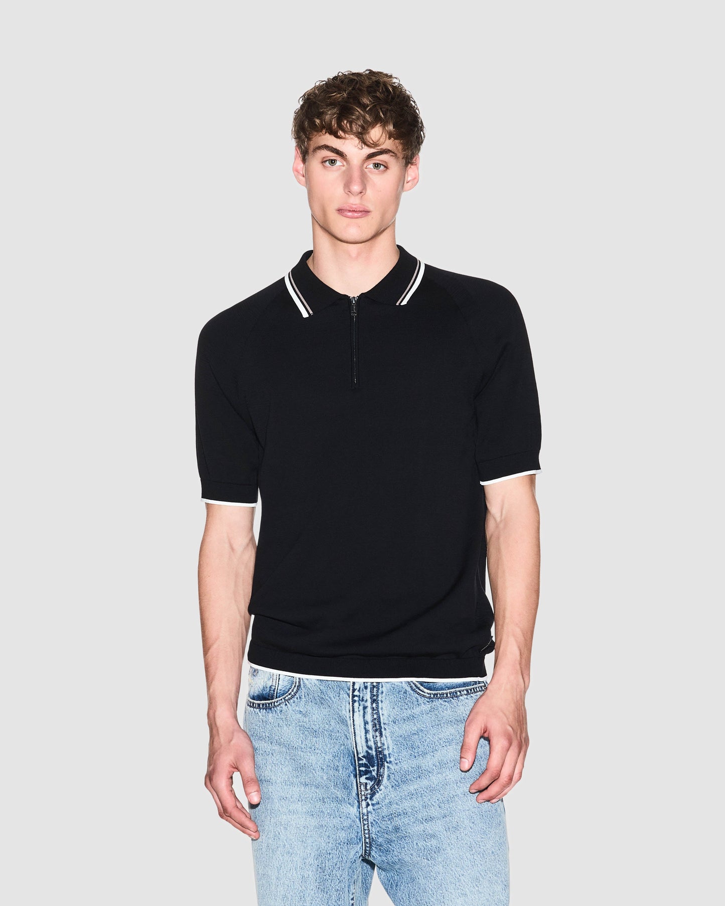 Mens Zip Placket Knit Polo - Black UC001